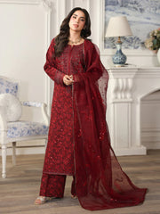 BrandsInn-3PC LAWN PRINTED EMBROIDERED SHIRT WITH ORGANZA EMBROIDERED DUPATTA AND PRINT TROUSER-BI-003