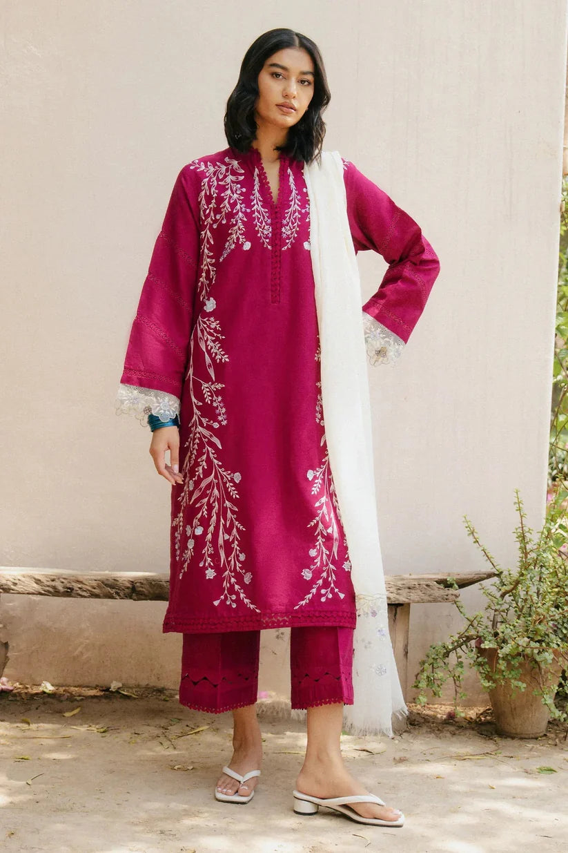 BrandsInn-3PC DHANAK EMBROIDERED SHIRT WITH COTTON NET EMBROIDERED DUPATTA AND TROUSER-BI-4182