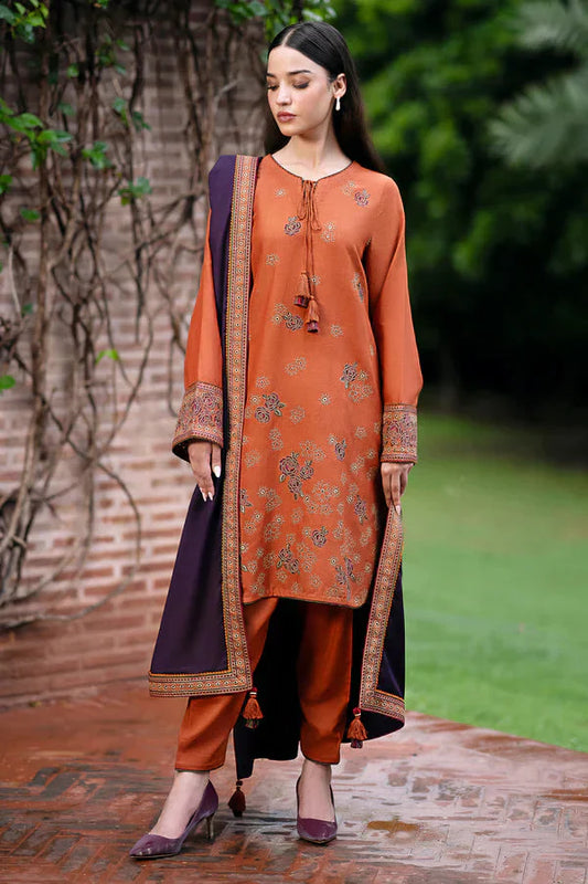 BrandsInn- 3PC DHANAK EMBROIDERED SHIRT WITH WOOL PRINT SHAWL AND TROUSER-BI-4100