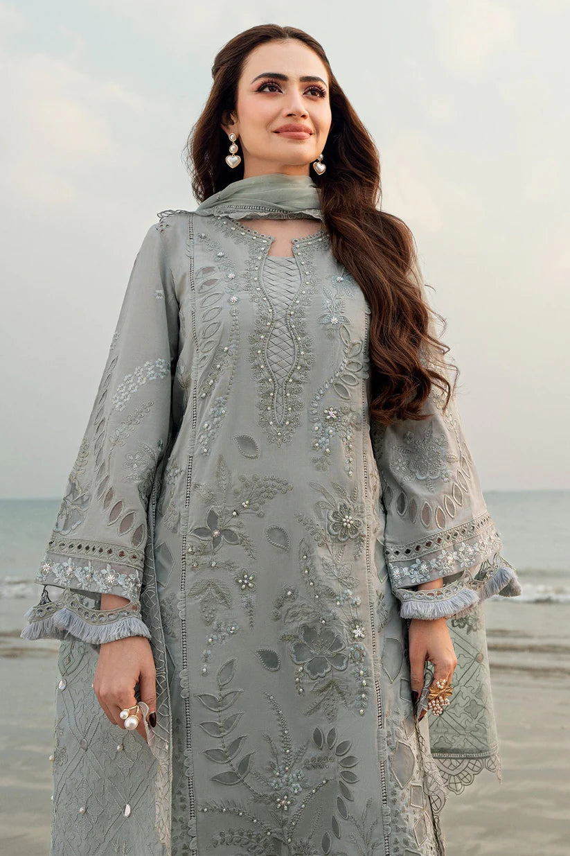 BrandsInn-3PC DHANAK LASER WORK EMBROIDERED SHIRT WITH CHIFFON EMBROIDERED DUPATTA & TROUSER-BI-4214