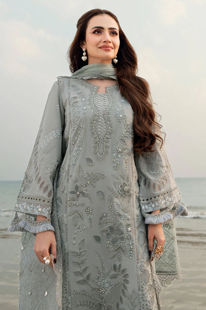 BrandsInn-3PC DHANAK LASER WORK EMBROIDERED SHIRT WITH CHIFFON EMBROIDERED DUPATTA & TROUSER-BI-4214