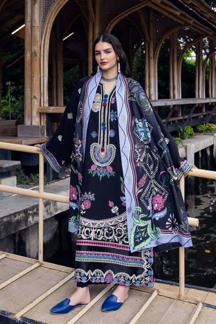 BrandsInn-3PC DHANAK EMBROIDERED SHIRT WITH COURTRAI WOOL PRINT SHAWL AND TROUSER-BI-4415