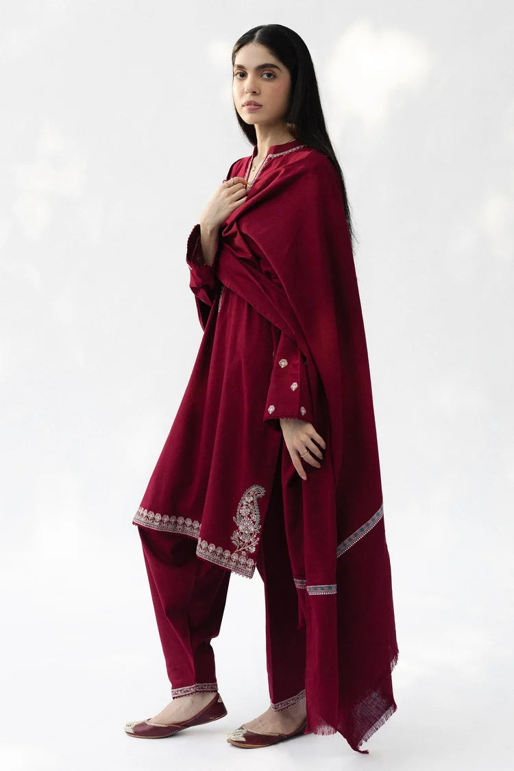 BrandsInn-3PC DHANAK EMBROIDERED SHIRT WITH DHANAK EMBROIDERED SHAWL AND TROUSER-BI-5021