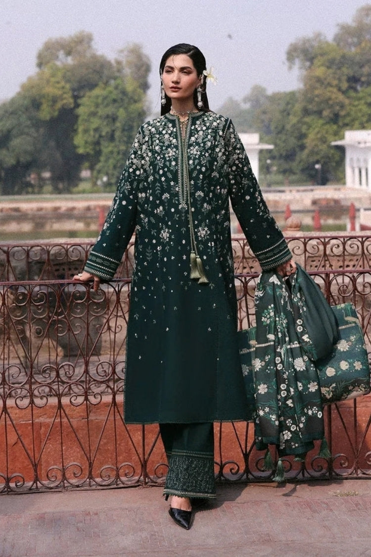 BrandsInn-3PC DHANAK EMBROIDERED SHIRT WITH COUTRAI PRINTED SHAWL AND EMB TROUSER-BI-5273