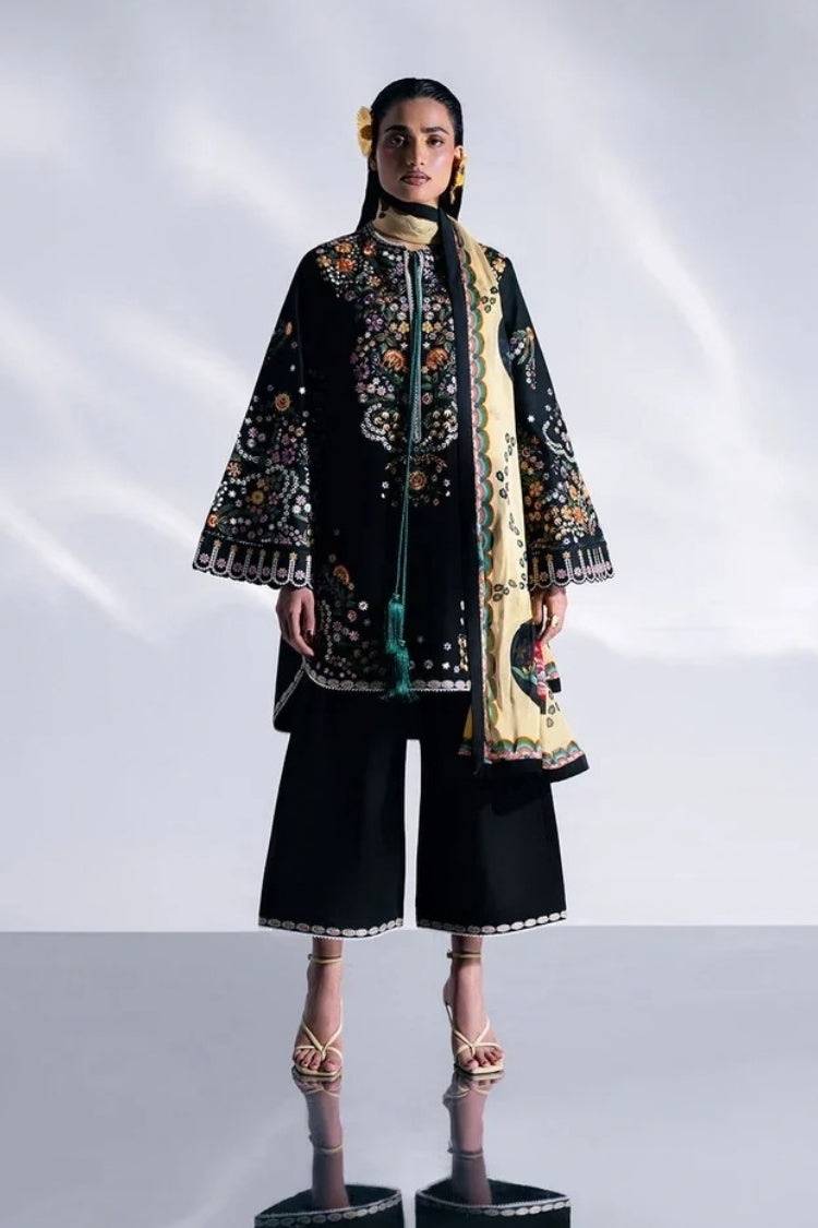 BrandsInn-3PC DHANAK EMBROIDERED SHIRT WITH COUTRAI PRINTED SHAWL AND TROUSER-BI-5237