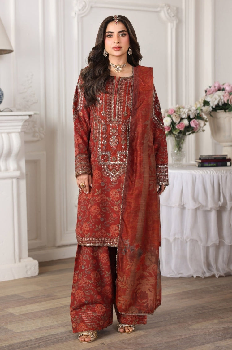 BrandsInn-3PC LAWN PRINTED EMBROIDERED SHIRT WITH SILK PRINTED DUPATTA AND PRINTED EMB TROUSER-BI-007