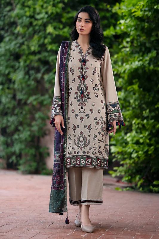 BrandsInn-3PC DHANAK EMBROIDRED SHIRT WITH WOOL PRINT SHAWL AND TROUSER-BI-4091