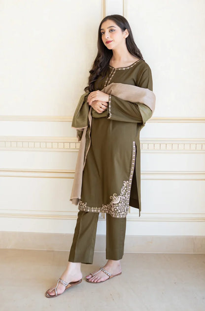 BrandsInn-3PC DHANAK EMBROIDERED SHIRT WITH COURTRAI PRINTED SHAWL & TROUSER-BI-4143