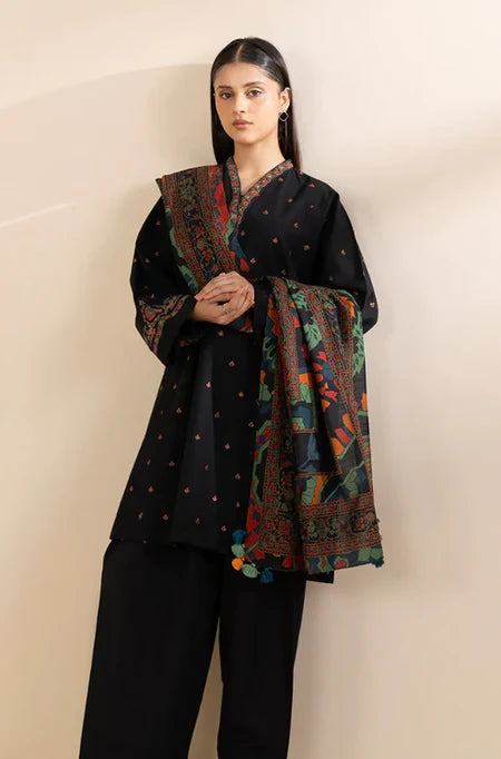 BrandsInn-3PC DHANAK EMBROIDERED SHIRT WITH COURTRAI PRINTED SHAWL & TROUSER-BI-4242