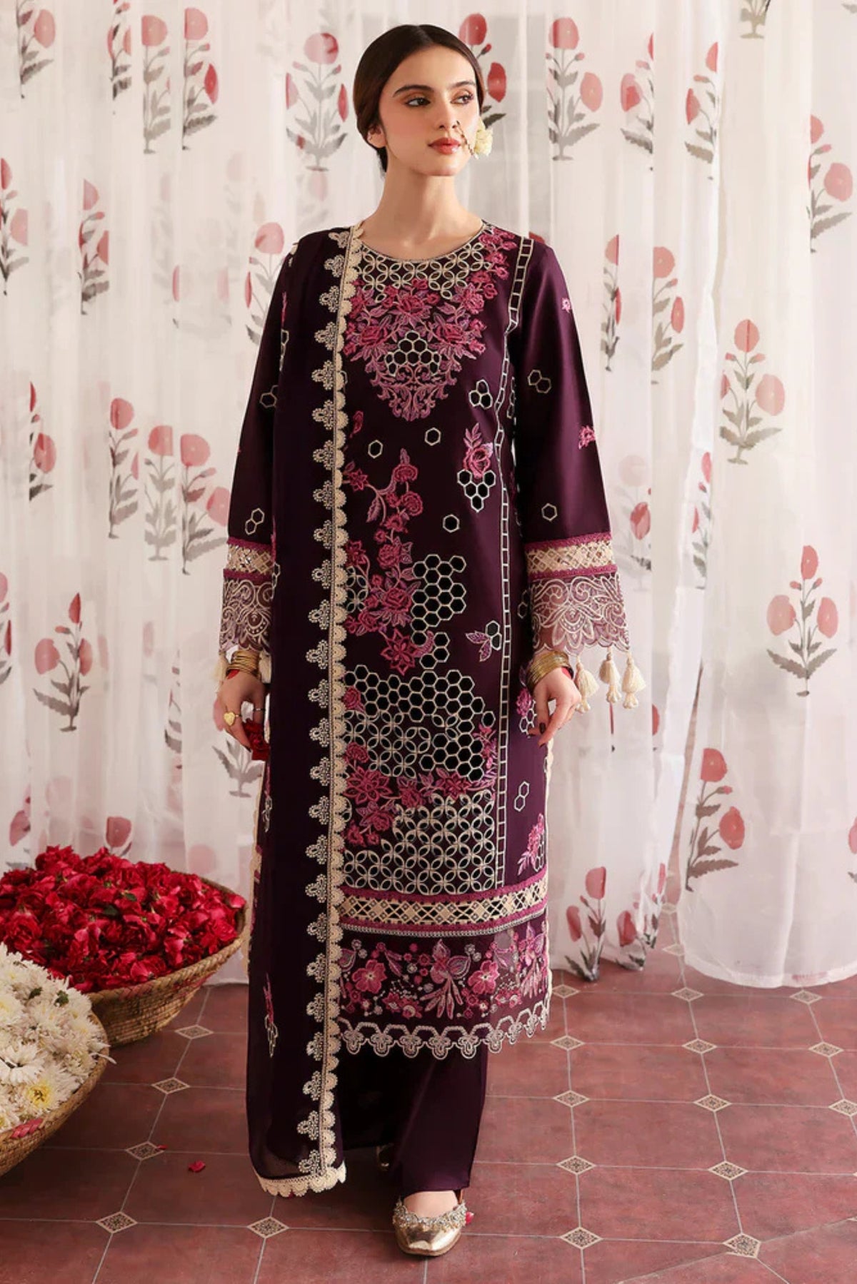 BrandsInn-3PC LAWN LASERWORK EMBROIDERED SHIRT WITH KHAADI NET EMBROIDERED DUPATTA AND TROUSER -BI-4691
