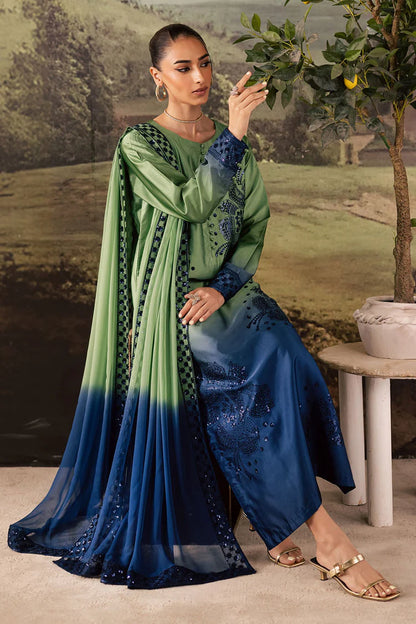 BrandsInn-3PC SHAMOZE SILK PRINTED EMBROIDERED SHIRT WITH SOFT SILK PRINTED EMB DUPATTA & TROUSER BI-1736