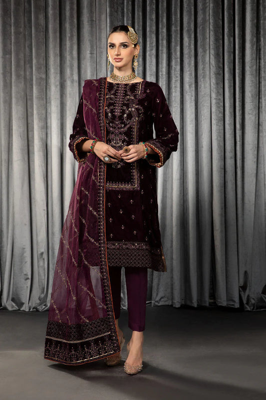 BrandsInn -VELVET 3PC- EMBROIDERED WORK SHIRT WITH ORGANZA HEAVY EMBROIDERED DUPATTA-D-14- MICRO 9000 VELVET-BIC-4016
