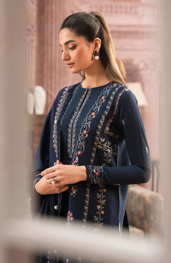 BrandsInn-3PC DHANAK EMBROIDERED SHIRT WITH DHANAK EMBROIDERD SHAWL & EMB TROUSER-BI-4053