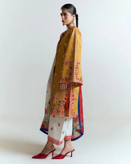 BrandsInn- 3PC DHANAK HEAVY EMBROIDERED SHIRT WITH COURTRAI PRINTED SHAWL AND EMB TROUSER-BI-4212