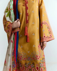 BrandsInn- 3PC DHANAK HEAVY EMBROIDERED SHIRT WITH COURTRAI PRINTED SHAWL AND EMB TROUSER-BI-4212