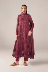 BrandsInn-3PC LAWN PRINTED CHIKAN EMB FROCK WITH SILK PRINTED DUPATTA AND TROUSER-BI-011