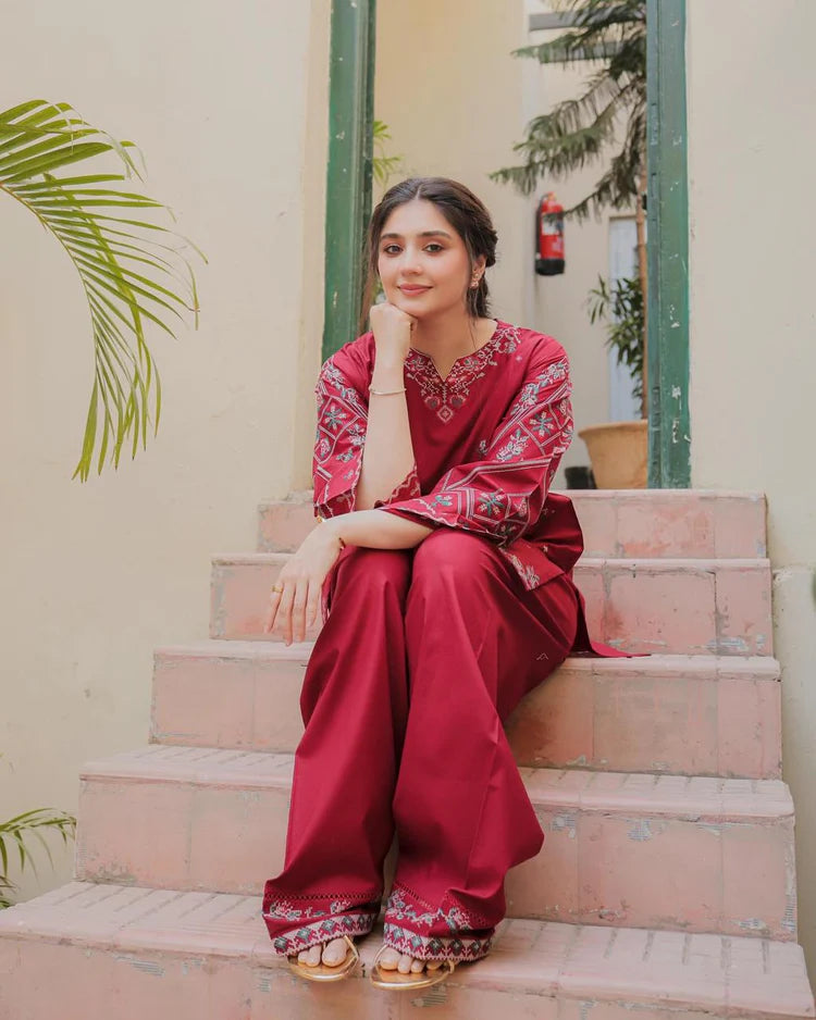 BrandsInn-2PC DHANAK EMBROIDERED SHIRT AND EMBROIDRED TROUSER-BI-126