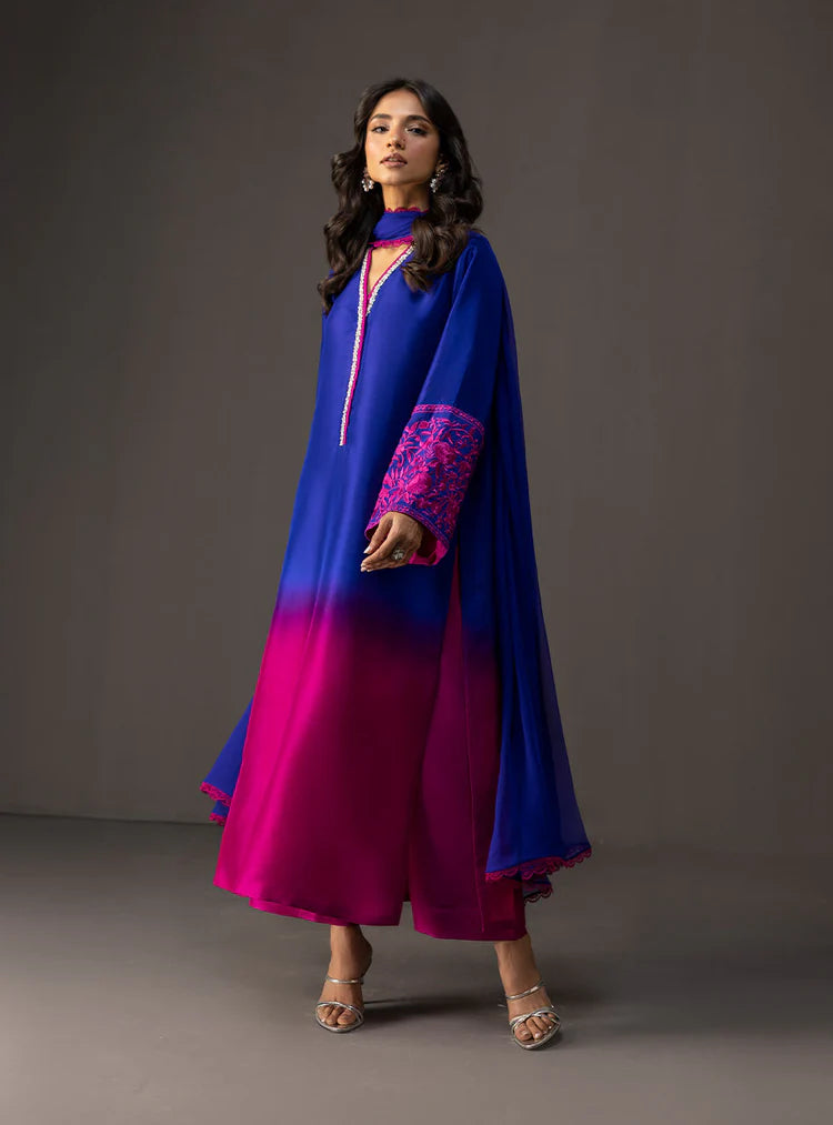 BrandsInn-3PC SHAMOZE SILK PRINTED EMB SHIRT WITH SOFT SILK PRINTED DUPATTA & TROUSER-BI-4332