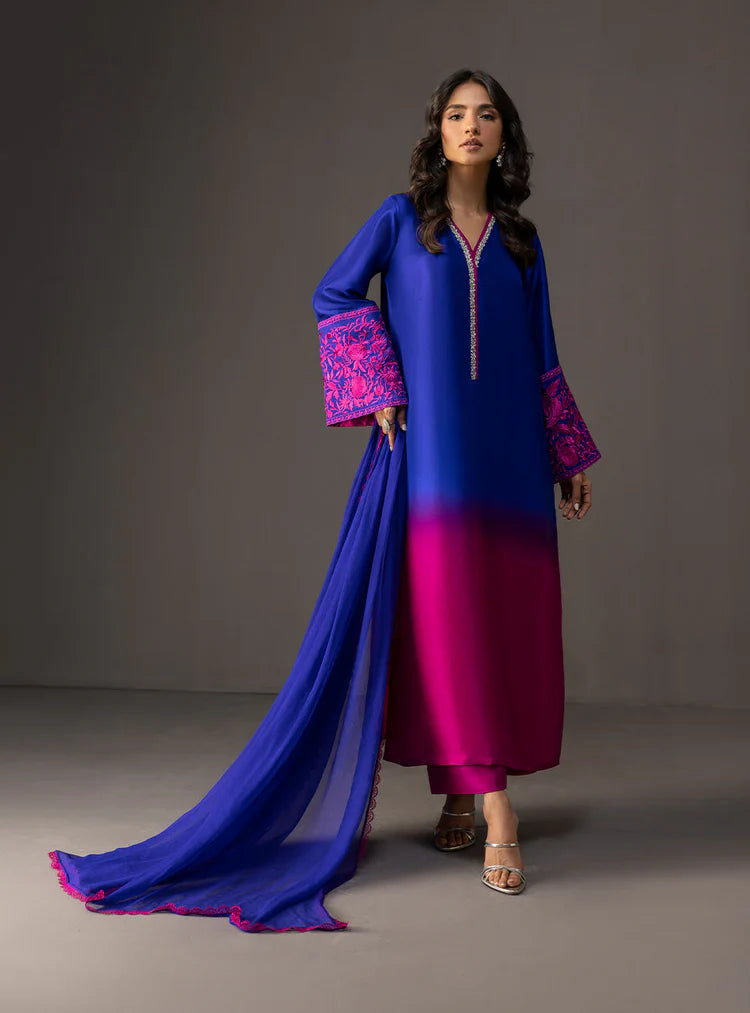 BrandsInn-3PC SHAMOZE SILK PRINTED EMB SHIRT WITH SOFT SILK PRINTED DUPATTA & TROUSER-BI-4332