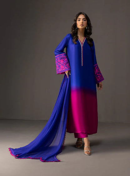 BrandsInn-3PC SHAMOZE SILK PRINTED EMB SHIRT WITH SOFT SILK PRINTED DUPATTA & TROUSER-BI-4332