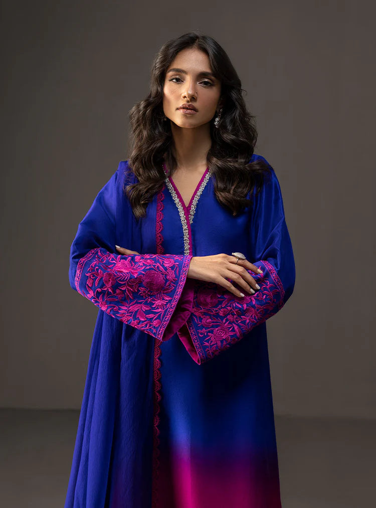 BrandsInn-3PC SHAMOZE SILK PRINTED EMB SHIRT WITH SOFT SILK PRINTED DUPATTA & TROUSER-BI-4332