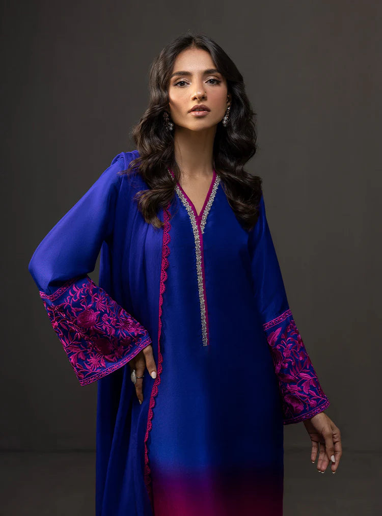 BrandsInn-3PC SHAMOZE SILK PRINTED EMB SHIRT WITH SOFT SILK PRINTED DUPATTA & TROUSER-BI-4332
