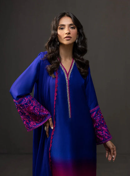BrandsInn-3PC SHAMOZE SILK PRINTED EMB SHIRT WITH SOFT SILK PRINTED DUPATTA & TROUSER-BI-4332