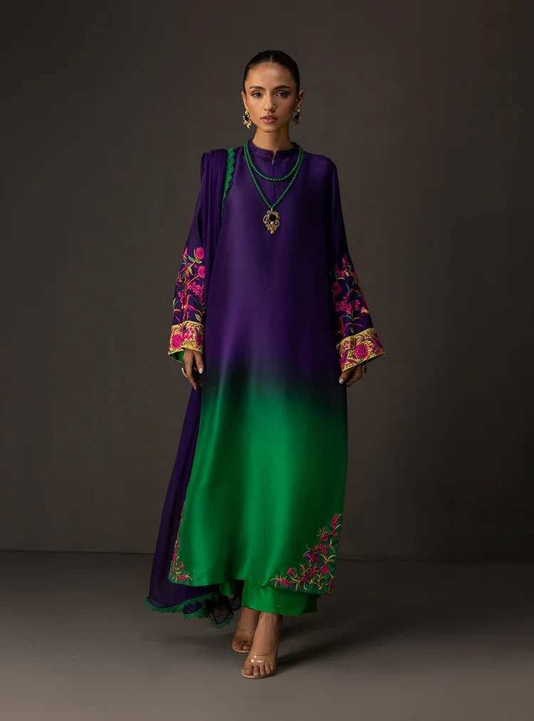 BrandsInn-3PC SHAMOZE SILK PRINTED EMB SHIRT WITH SOFT SILK PRINTED DUPATTA & TROUSER-BI-1727