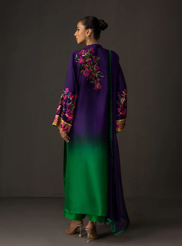 BrandsInn-3PC SHAMOZE SILK PRINTED EMB SHIRT WITH SOFT SILK PRINTED DUPATTA & TROUSER-BI-1727