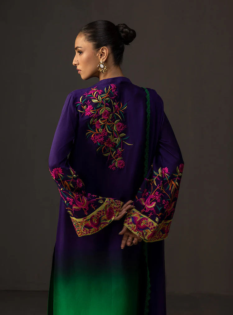 BrandsInn-3PC SHAMOZE SILK PRINTED EMB SHIRT WITH SOFT SILK PRINTED DUPATTA & TROUSER-BI-1727