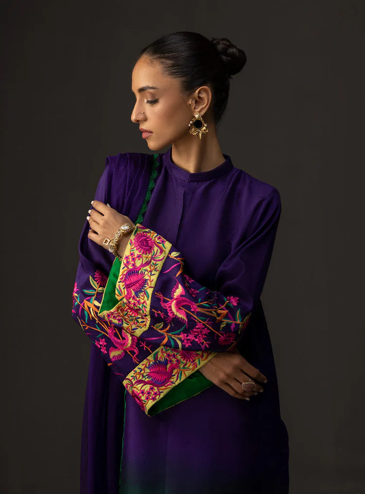 BrandsInn-3PC SHAMOZE SILK PRINTED EMB SHIRT WITH SOFT SILK PRINTED DUPATTA & TROUSER-BI-1727