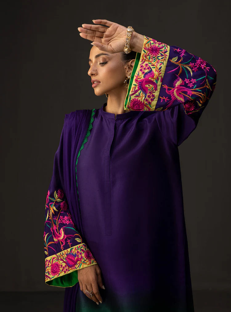 BrandsInn-3PC SHAMOZE SILK PRINTED EMB SHIRT WITH SOFT SILK PRINTED DUPATTA & TROUSER-BI-1727