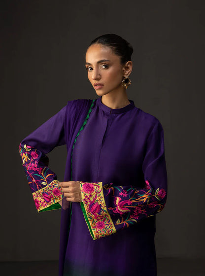 BrandsInn-3PC SHAMOZE SILK PRINTED EMB SHIRT WITH SOFT SILK PRINTED DUPATTA & TROUSER-BI-1727
