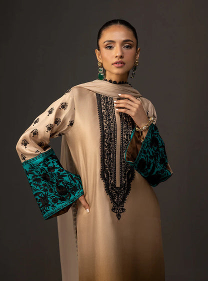 BrandsInn-3PC SHAMOZ SILK PRINT EMBROIDERED SHIRT WITH SOFT SILK PRINT DUPATTA & SILK TROUSER-BI-4165