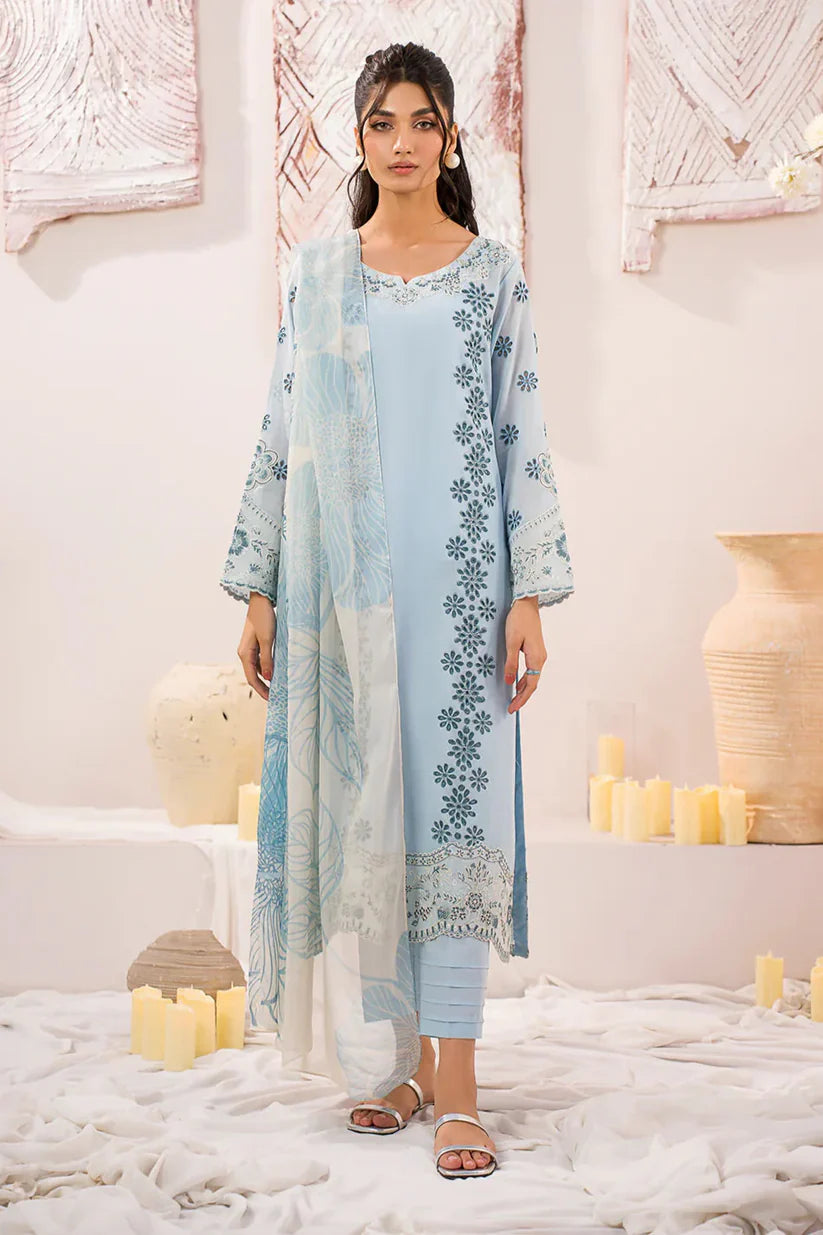 BrandsInn-3PC LAWN BORER EMBROIDERED SHIRT WITH MONARK PRINTED DUPATTA AND TROUSER-BI-3739