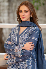BrandsInn-3PC LAWN CHIKENKARI EMBROIDERED SHIRT WITH LAWN TUBE SLUB DUPATTA-BI-326