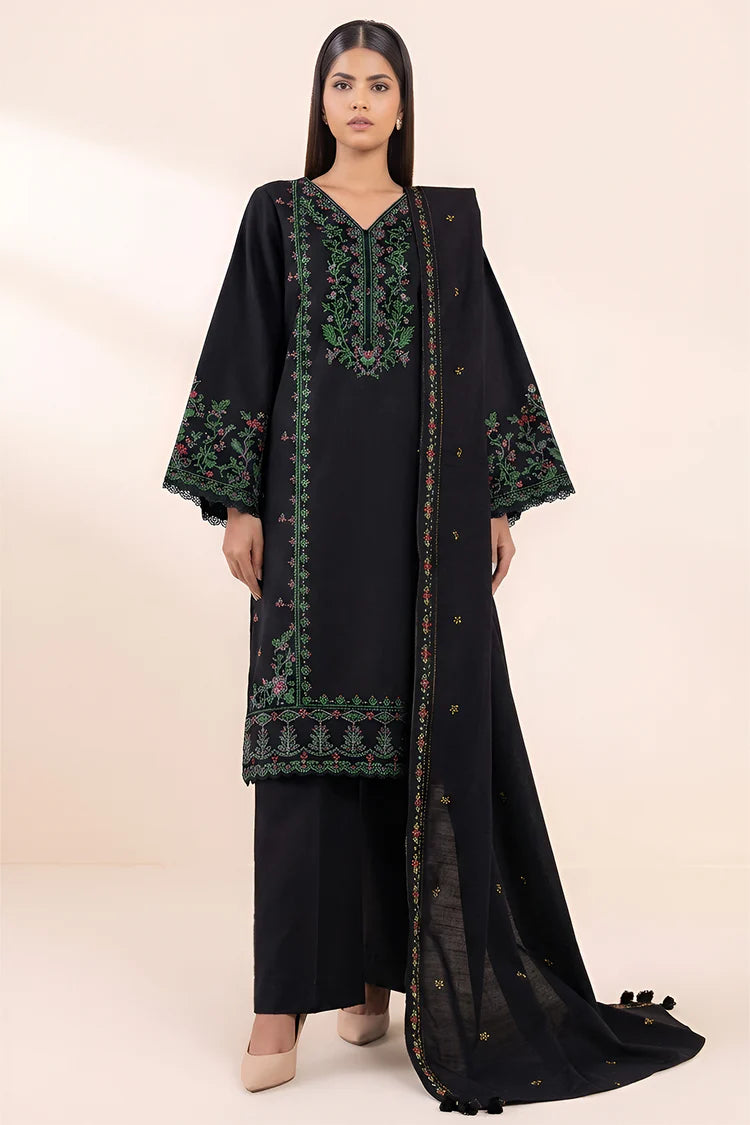 BrandsInn- 3PC LAWN EMBROIDERED SHIRT WITH LAWN EMBROIDERED DUPATTA AND TROUSER-BI-BLACK-3603