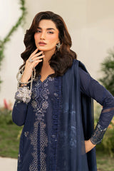BrandsInn-3PC DHANAK CHIKAN EMBROIDERED SHIRT WITH COURTRAI PRINTED SHAWL AND EMB TROUSER-BI-4132