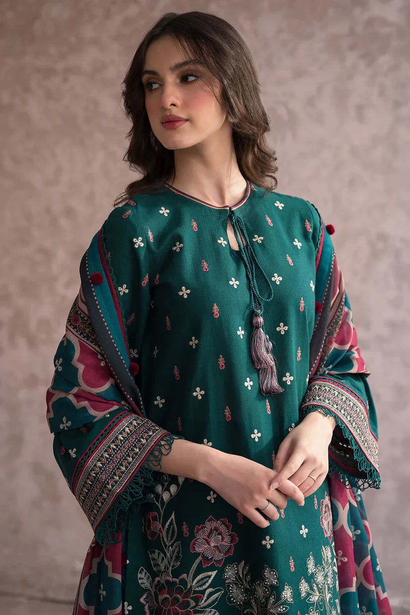 BrandsInn-3PC DHANAK EMBROIDERED WITH COUTRAI WOOL PRINT SHAWL & TROUSER-BI-4082