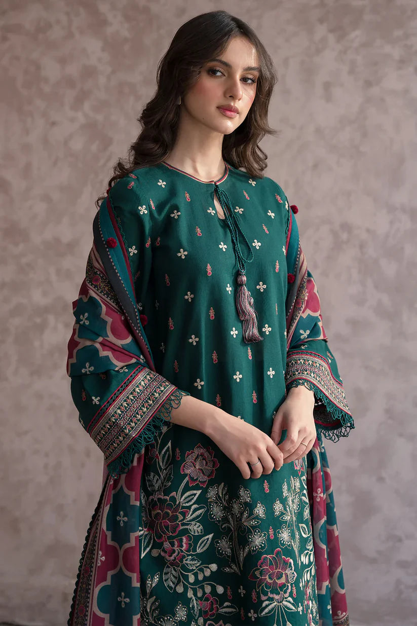BrandsInn-3PC DHANAK EMBROIDERED WITH COUTRAI WOOL PRINT SHAWL & TROUSER-BI-4082