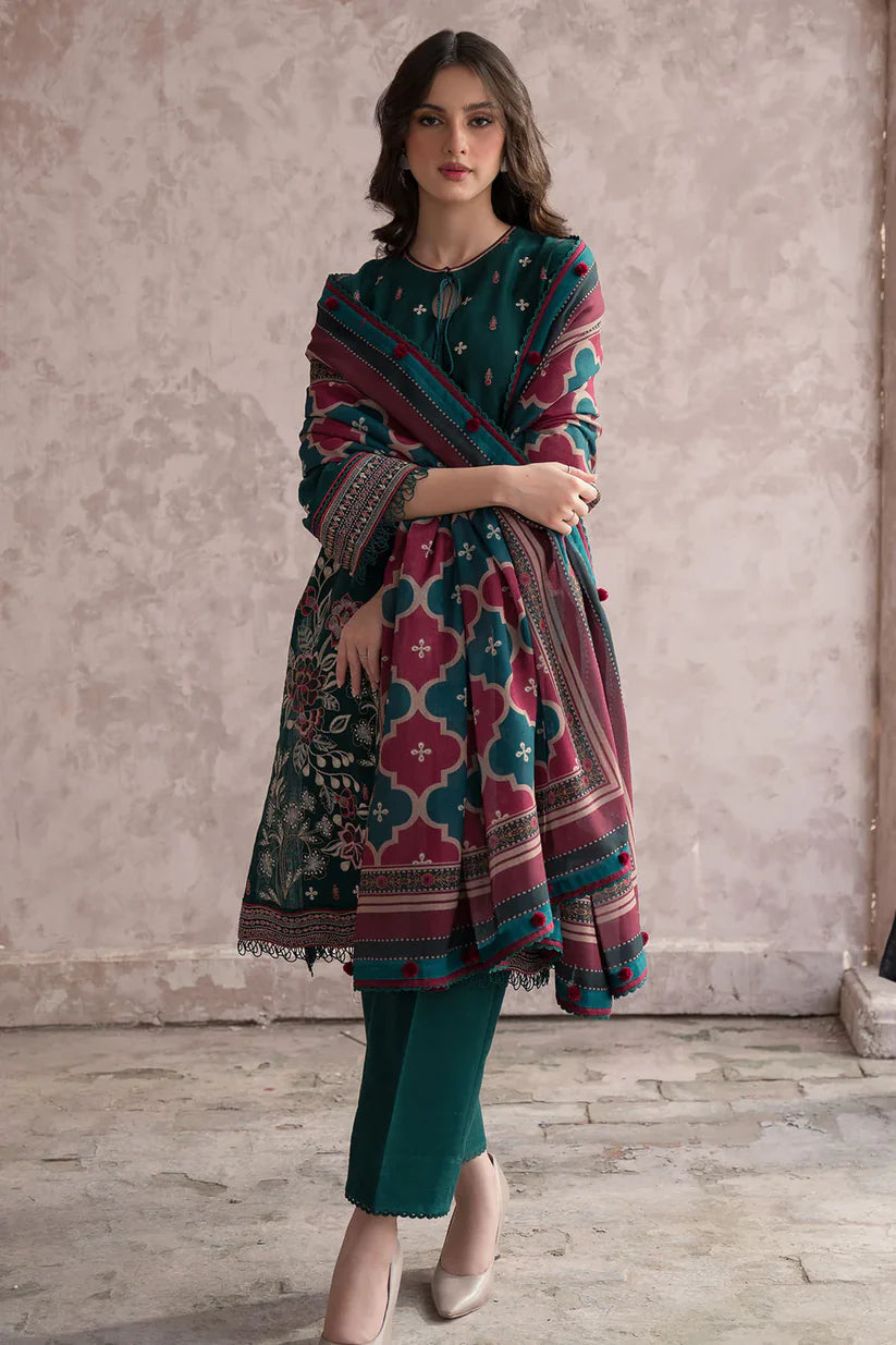 BrandsInn-3PC DHANAK EMBROIDERED WITH COUTRAI WOOL PRINT SHAWL & TROUSER-BI-4082