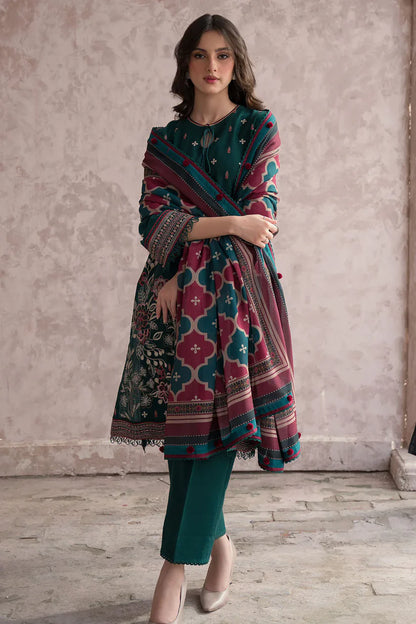 BrandsInn-3PC DHANAK EMBROIDERED WITH COUTRAI WOOL PRINT SHAWL & TROUSER-BI-4082