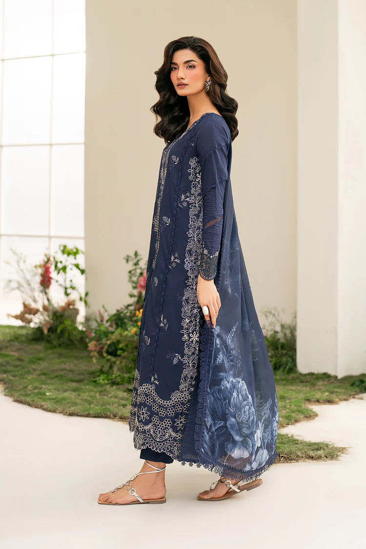 BrandsInn-3PC DHANAK CHIKAN EMBROIDERED SHIRT WITH COURTRAI PRINTED SHAWL AND EMB TROUSER-BI-4132