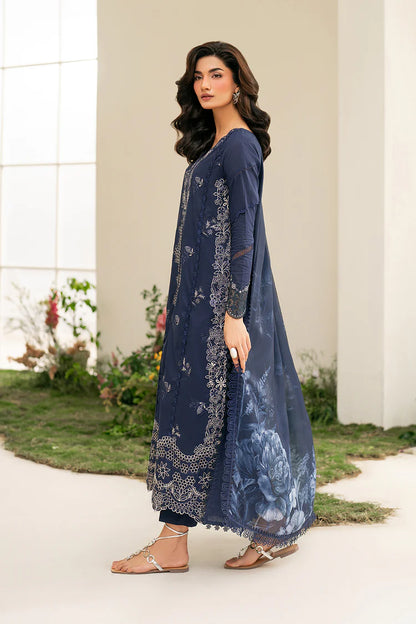 BrandsInn-3PC DHANAK CHIKAN EMBROIDERED SHIRT WITH COURTRAI PRINTED SHAWL AND EMB TROUSER-BI-4132