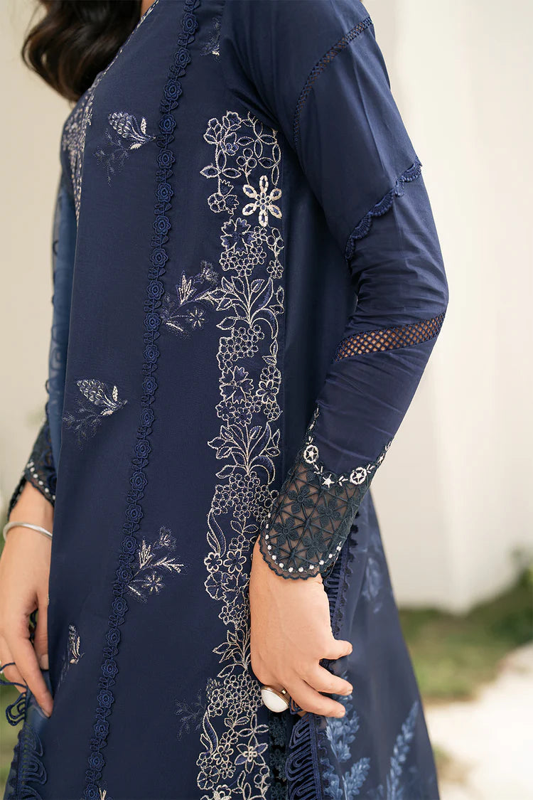 BrandsInn-3PC DHANAK CHIKAN EMBROIDERED SHIRT WITH COURTRAI PRINTED SHAWL AND EMB TROUSER-BI-4132