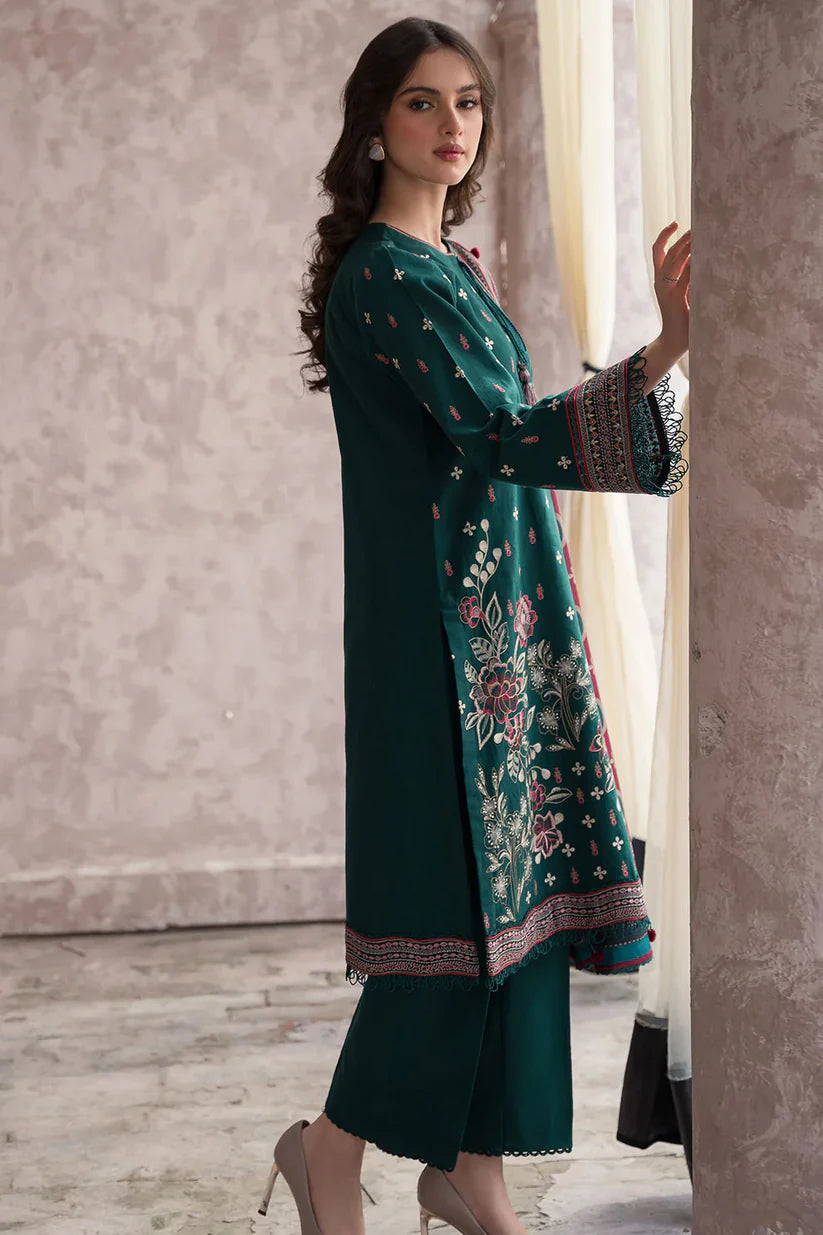BrandsInn-3PC DHANAK EMBROIDERED WITH COUTRAI WOOL PRINT SHAWL & TROUSER-BI-4082
