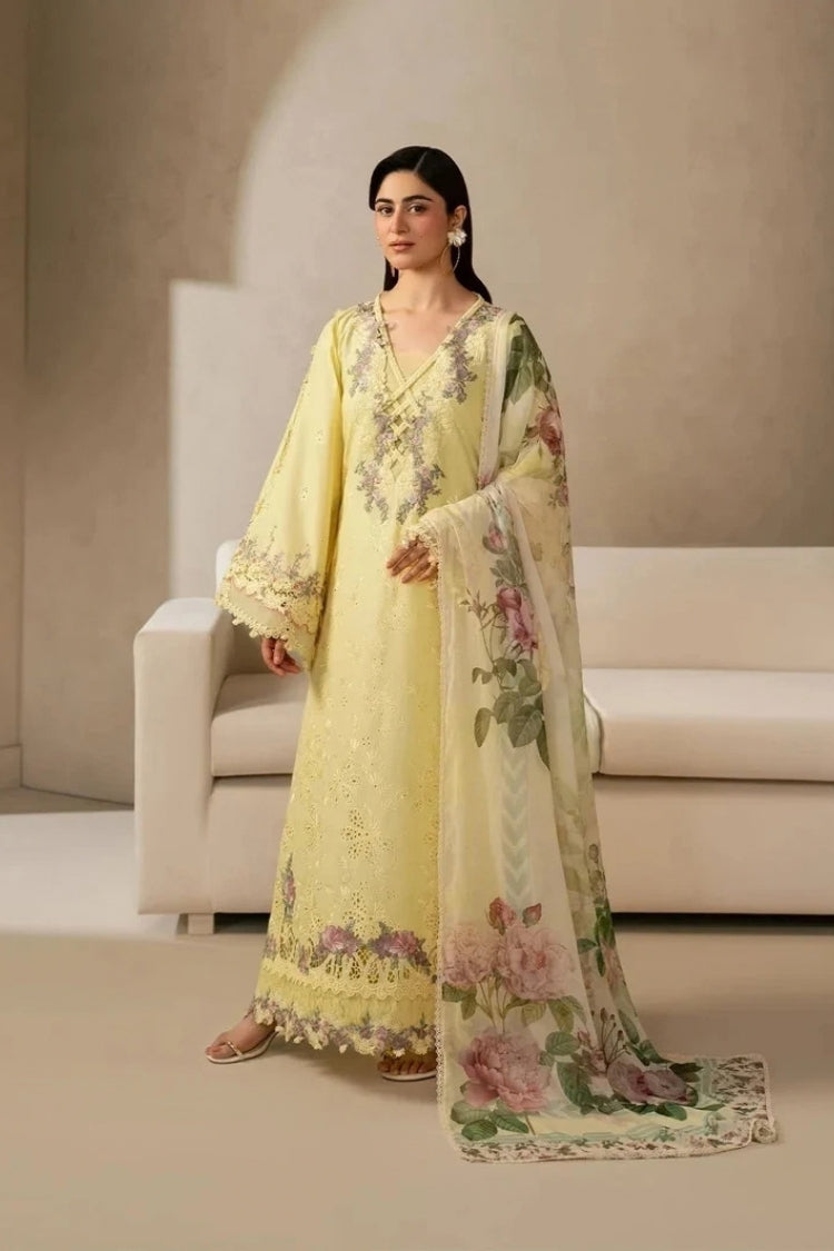 BrandsInn-3PC DHANAK EMBROIDERED SHIRT WITH COUTRAI PRINTED SHAWL AND TROUSER-BI-5221