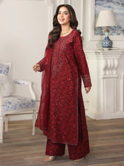 BrandsInn-3PC LAWN PRINTED EMBROIDERED SHIRT WITH ORGANZA EMBROIDERED DUPATTA AND PRINT TROUSER-BI-003