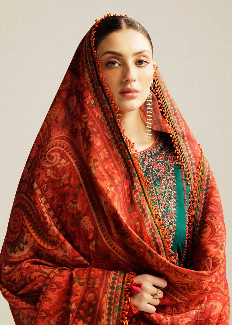 BrandsInn-3PC DHANAK EMBROIDERED SHIRT WITH COURTRAI PRINTED SHAWL AND TROUSER-BI-