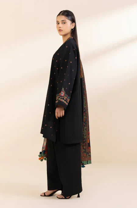 BrandsInn-3PC DHANAK EMBROIDERED SHIRT WITH COURTRAI PRINTED SHAWL & TROUSER-BI-4242